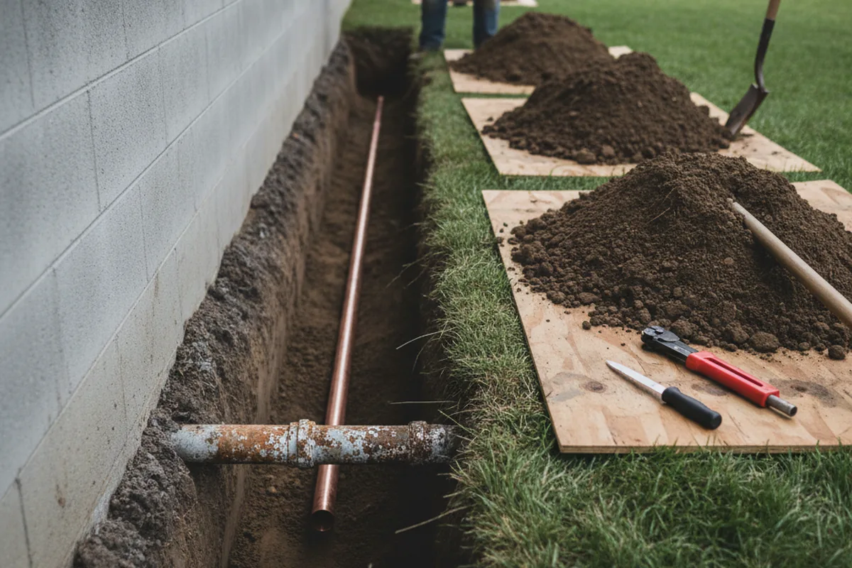 Excavated water line trench during Sewer Line Repair in Fortville
